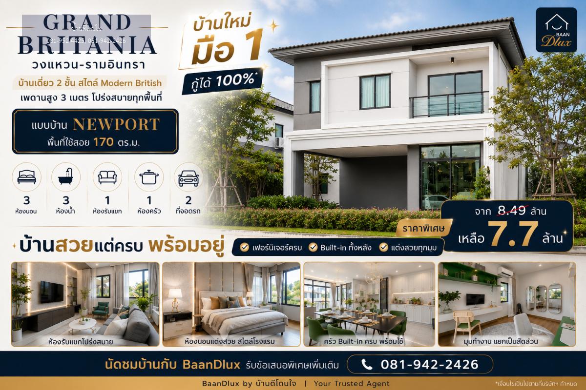 ขายบ้านเดี่ยว Grand Britania วงแหวน-รามอินทรา (50.50 ตร.ว.) แต่งครบ Buit-in ทั้งหลัง กู้ได้ 100%